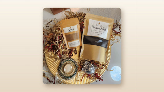 DipSomeTea Hometown Blend organic pure black tea pouch with chai masala and a tea strainer on a gold tray