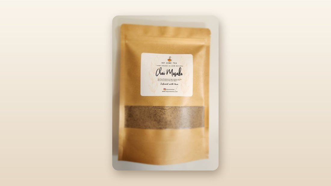 DipSomeTea pure and organic chai masala kraft pouch with ground spices visible through the window, framed on a soft cream background
