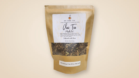 DipSomeTea pure and organic chai 8 oz kraft pouch with loose spiced tea visible, on a soft cream background